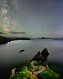 Dunquin pier in Slea head with the milkyway and a shooting star