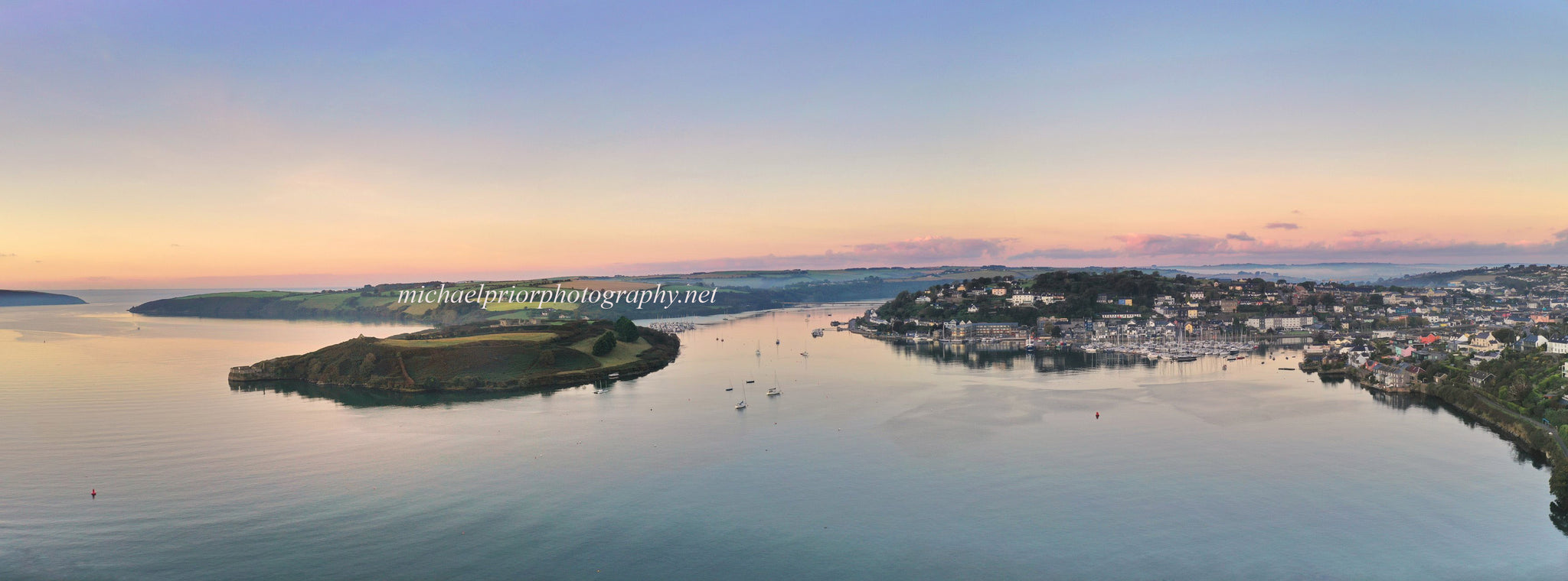 Wide angle aerial view of Kinsale harbor