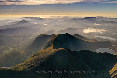 Carauntoohil from the air in late evening sunshine
