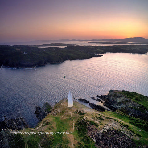 Baltimore Beacon and Sherkin island at sunset