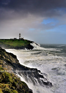 The Oldhead lighthouse in storm Agnes