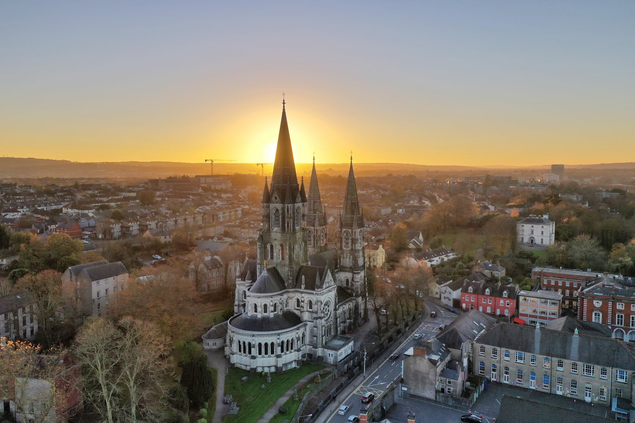Aerial view of St Finbarrs Church In Cork At Sunset