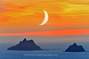 Moonset after sunset at the Skellig islands